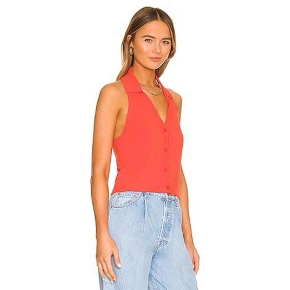 525 America Revolve Coral Halter Tank Top Collar‎ Button Down Blouse Sz L/#8192